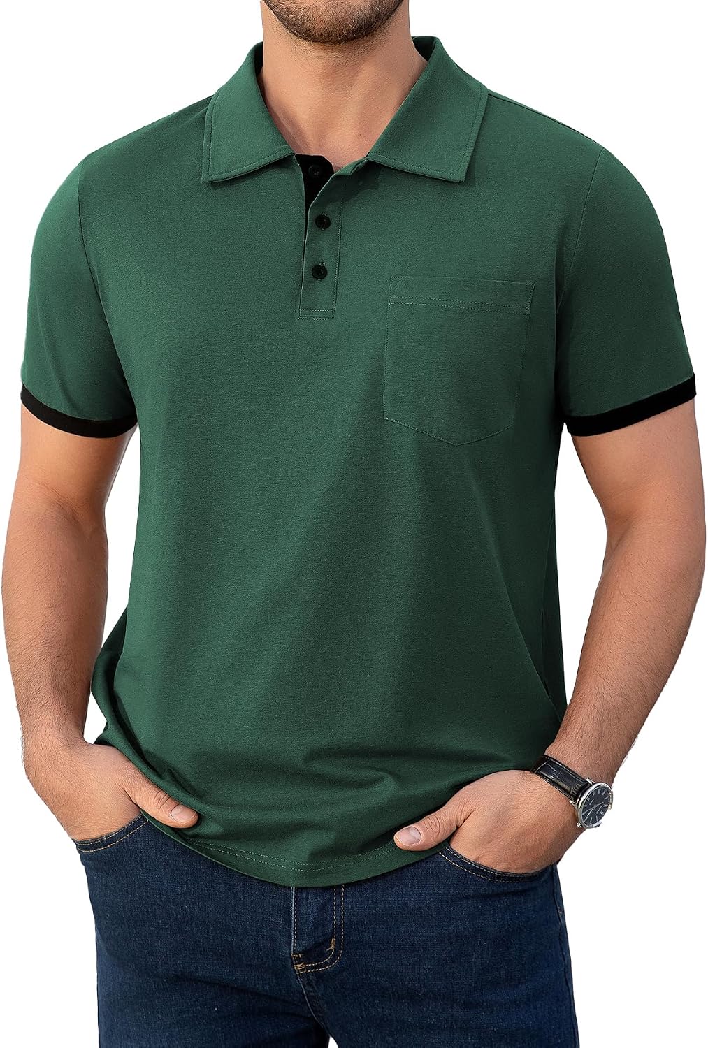 Men's Brown Collared Polo Shirt, Contrast Cuffs, Chest Pocket - Image 10