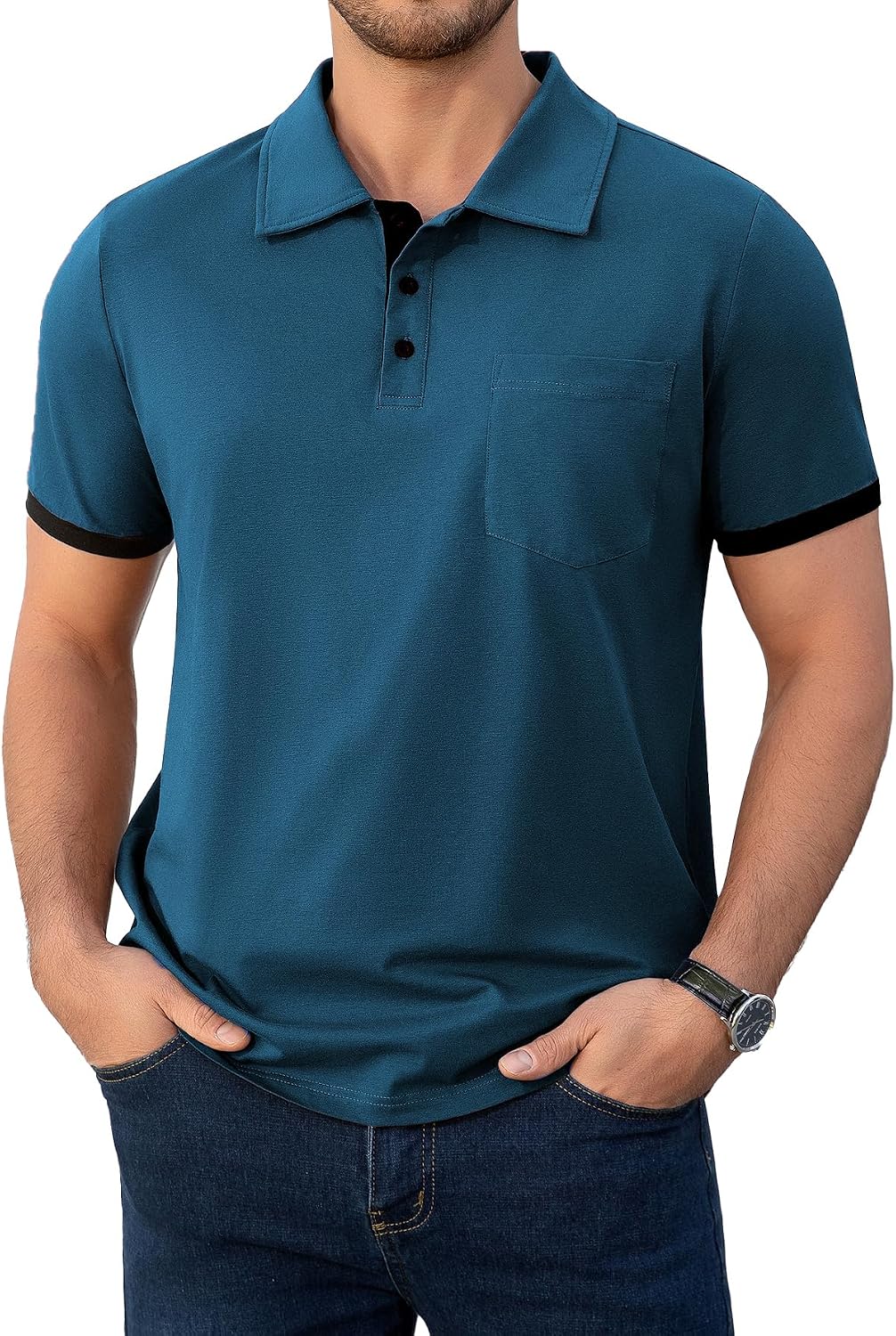 Men's Brown Collared Polo Shirt, Contrast Cuffs, Chest Pocket - Image 8