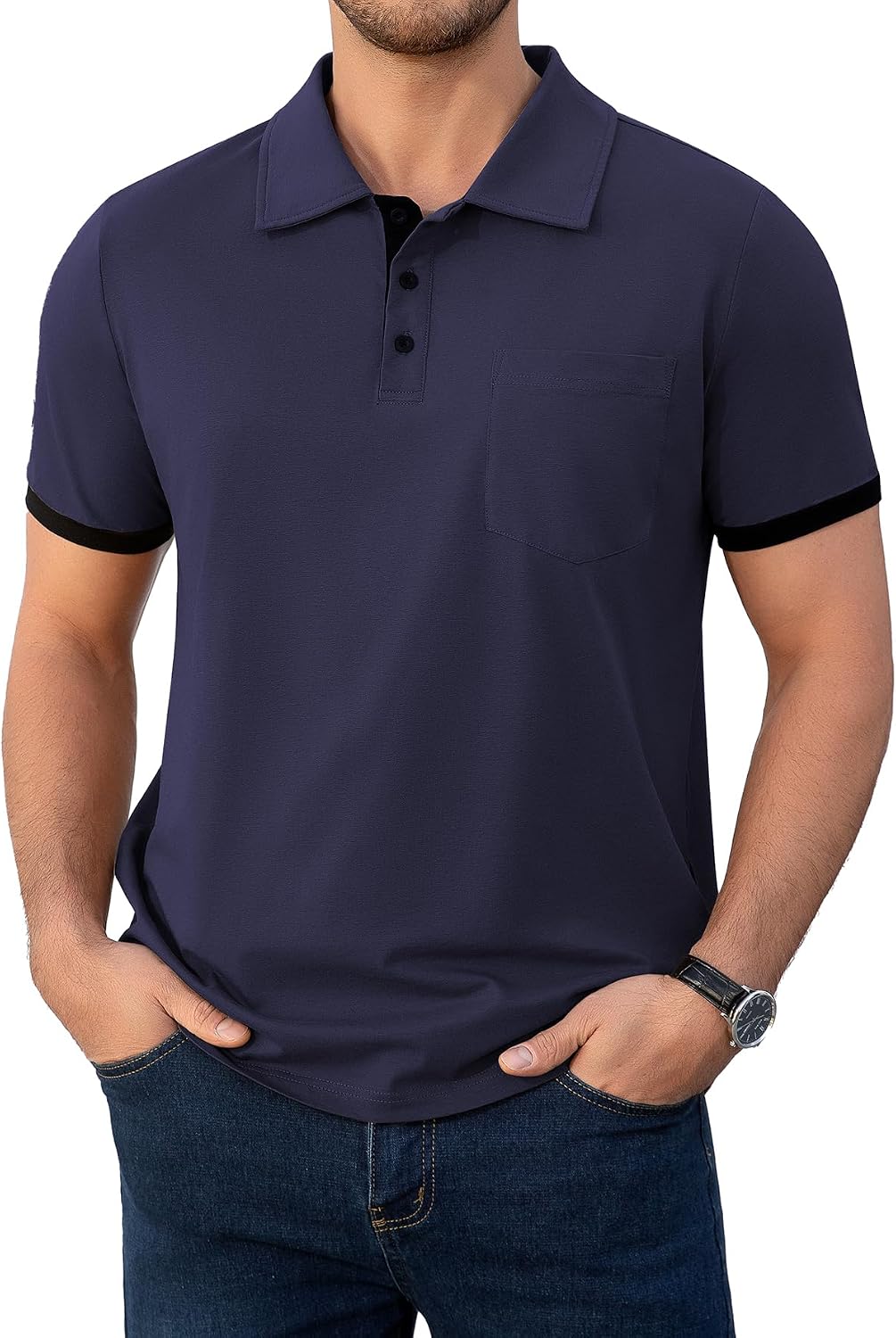 Men's Brown Collared Polo Shirt, Contrast Cuffs, Chest Pocket - Image 9