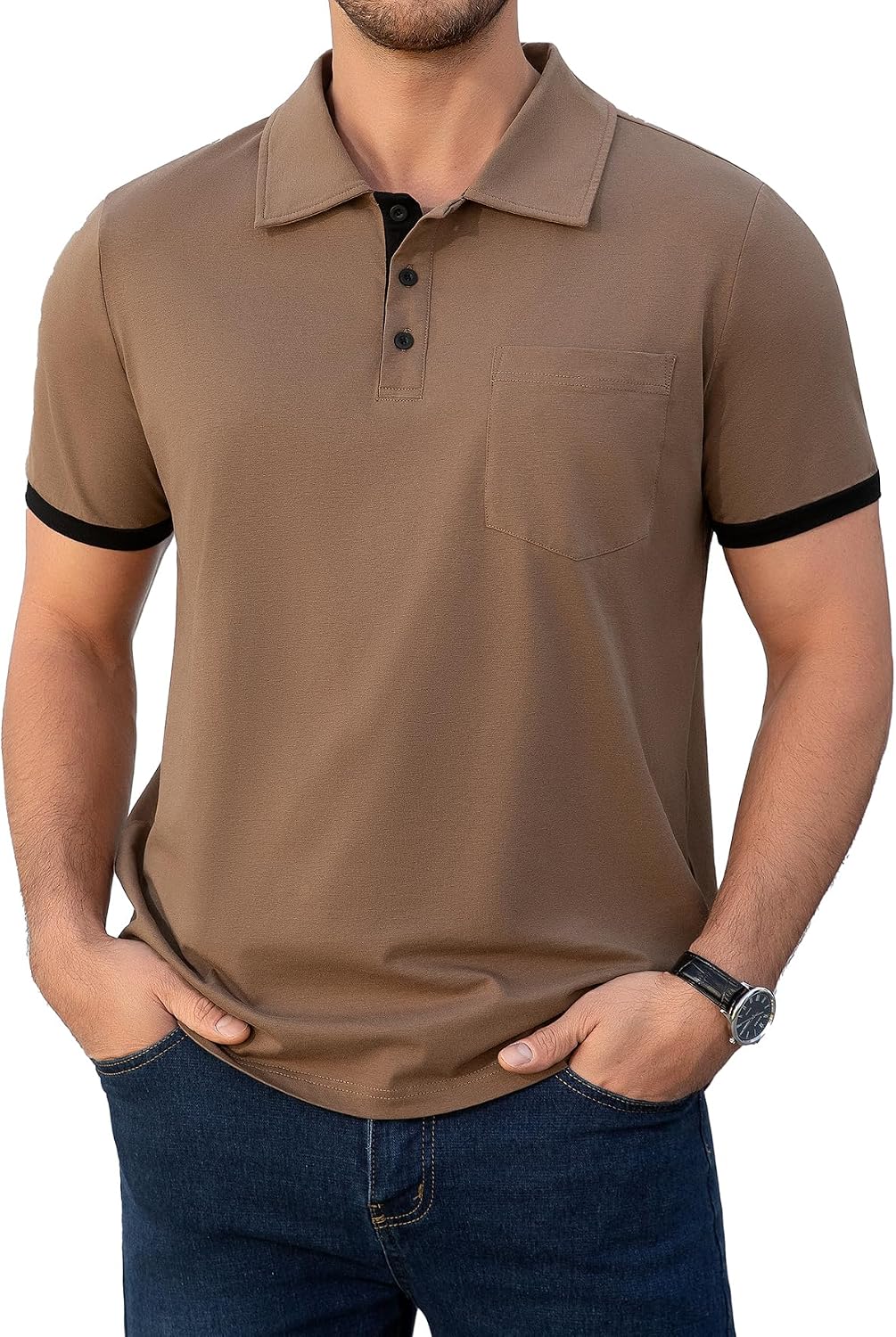 Men's Brown Collared Polo Shirt, Contrast Cuffs, Chest Pocket