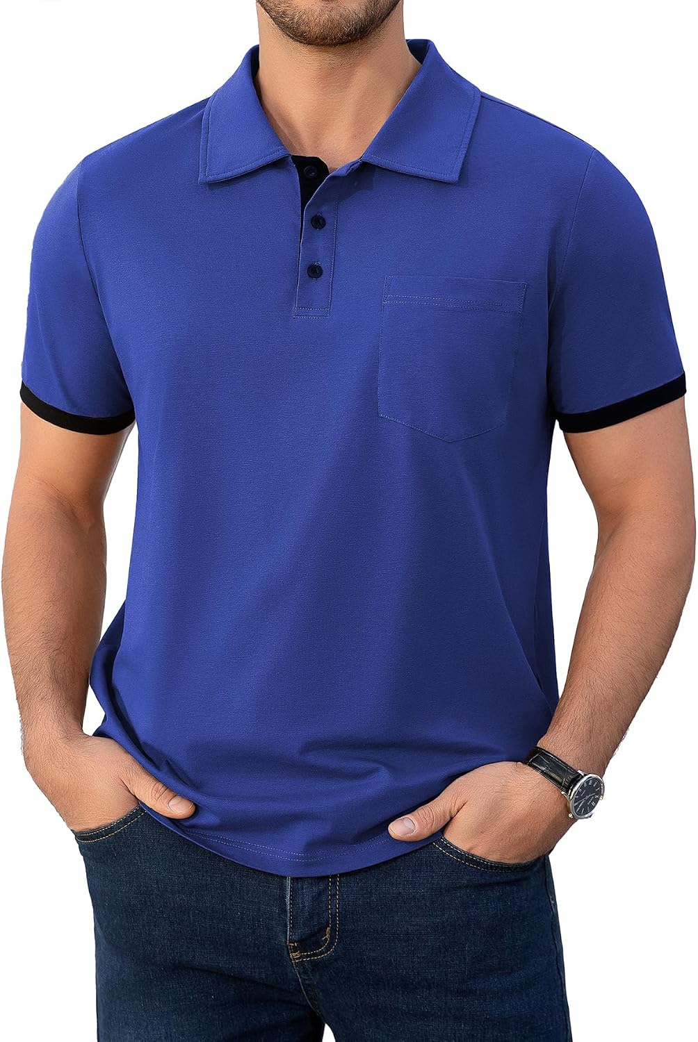 Men's Brown Collared Polo Shirt, Contrast Cuffs, Chest Pocket - Image 11