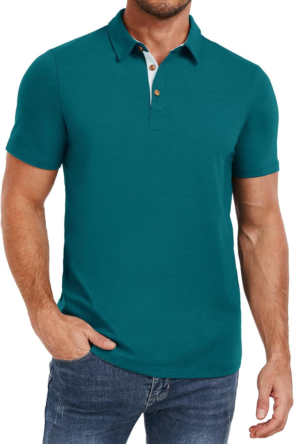 Men's Heather Blue Short Sleeve Polo Shirt, Cotton Blend - Image 7