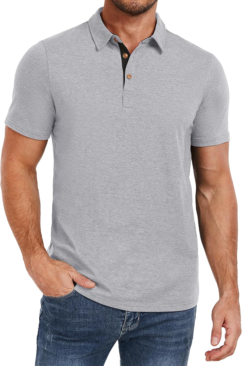 Men's Heather Blue Short Sleeve Polo Shirt, Cotton Blend - Image 10