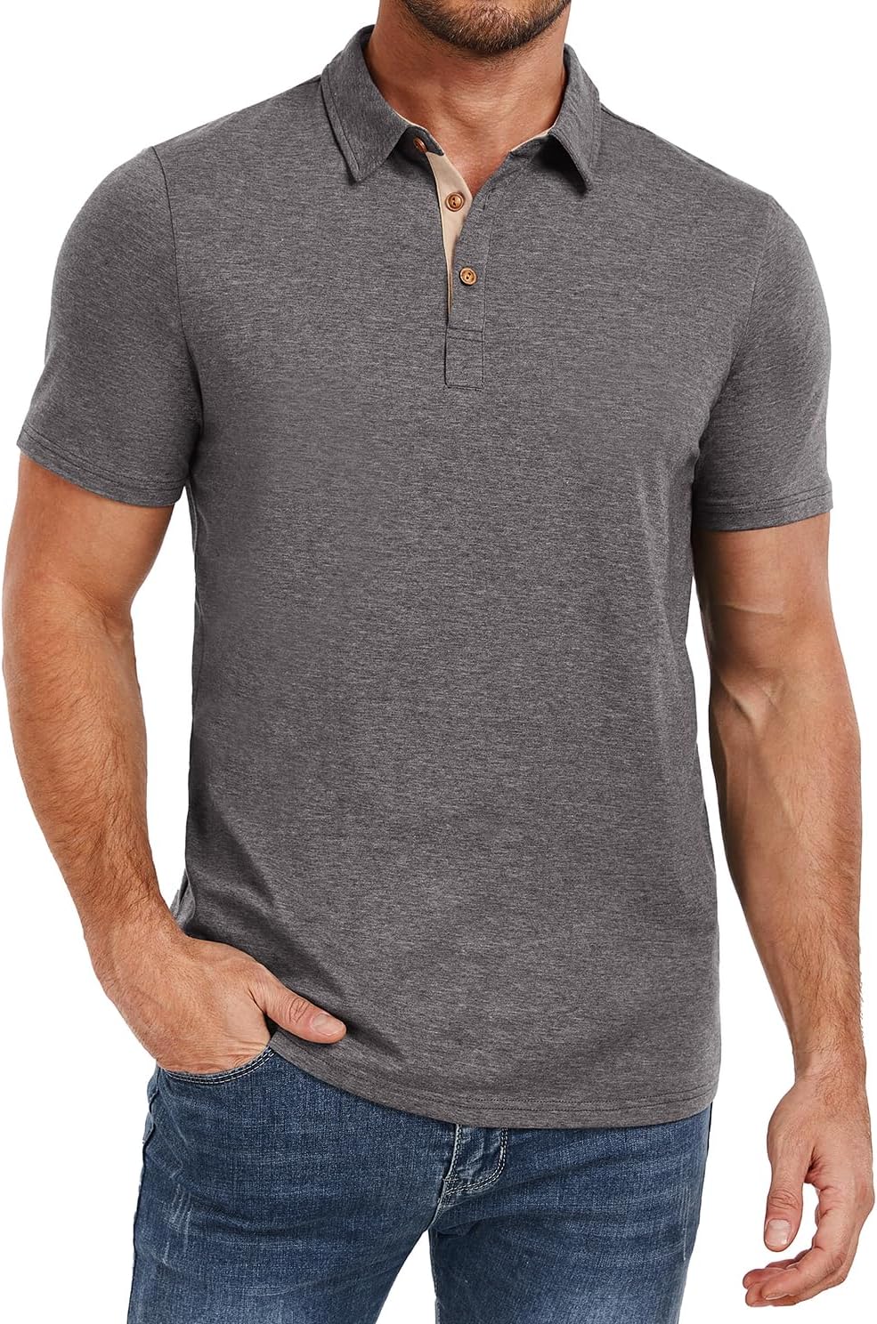 Men's Heather Blue Short Sleeve Polo Shirt, Cotton Blend - Image 18