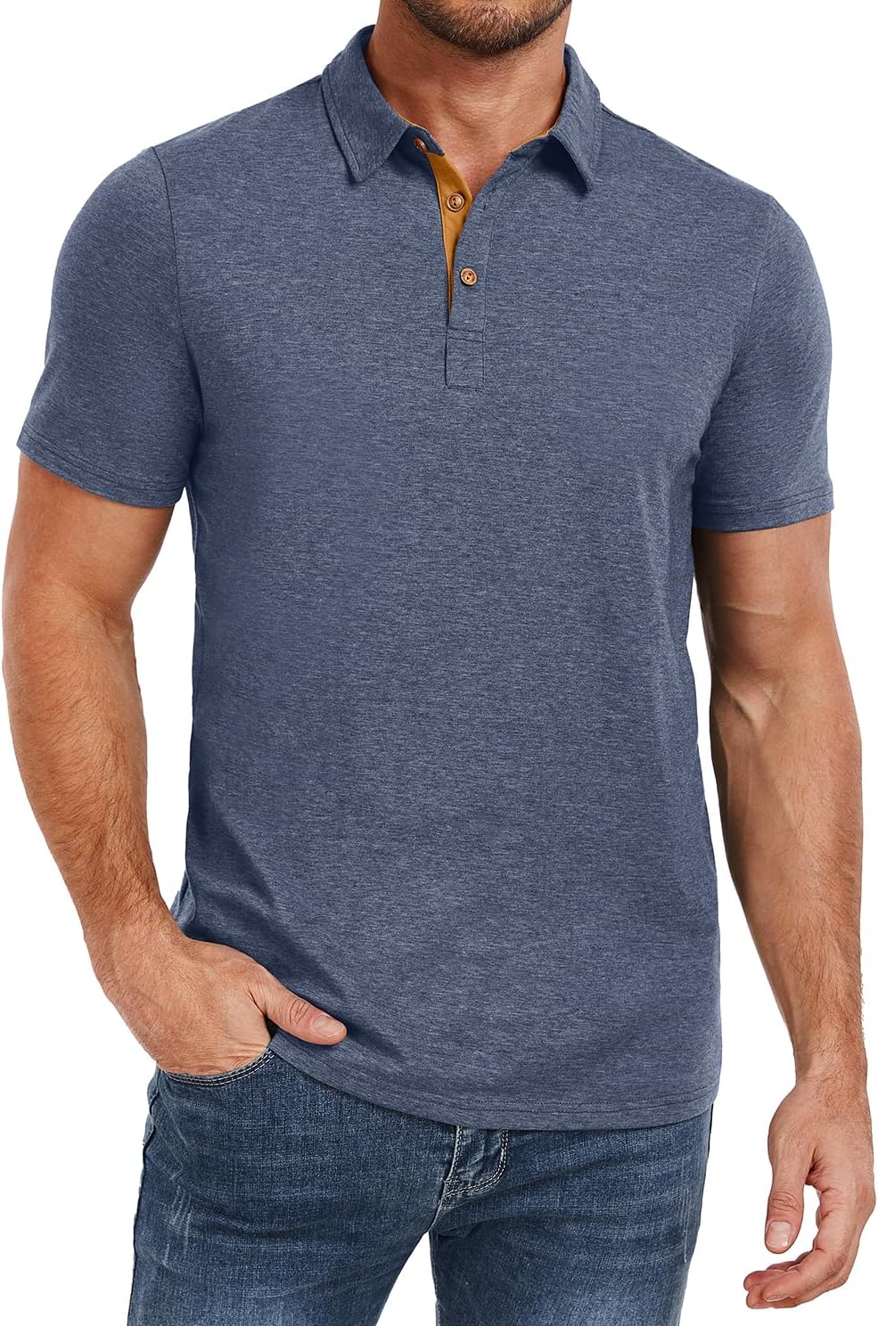 Men's Heather Blue Short Sleeve Polo Shirt, Cotton Blend