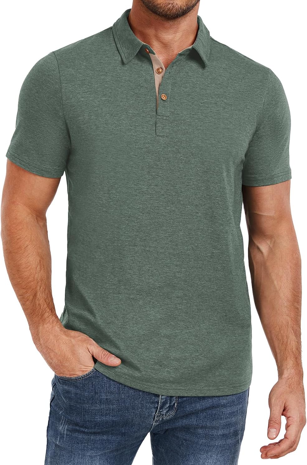 Men's Heather Blue Short Sleeve Polo Shirt, Cotton Blend - Image 9