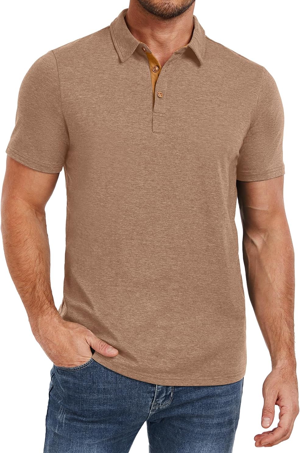 Men's Heather Blue Short Sleeve Polo Shirt, Cotton Blend - Image 19