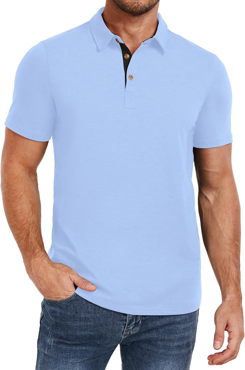 Men's Heather Blue Short Sleeve Polo Shirt, Cotton Blend - Image 11