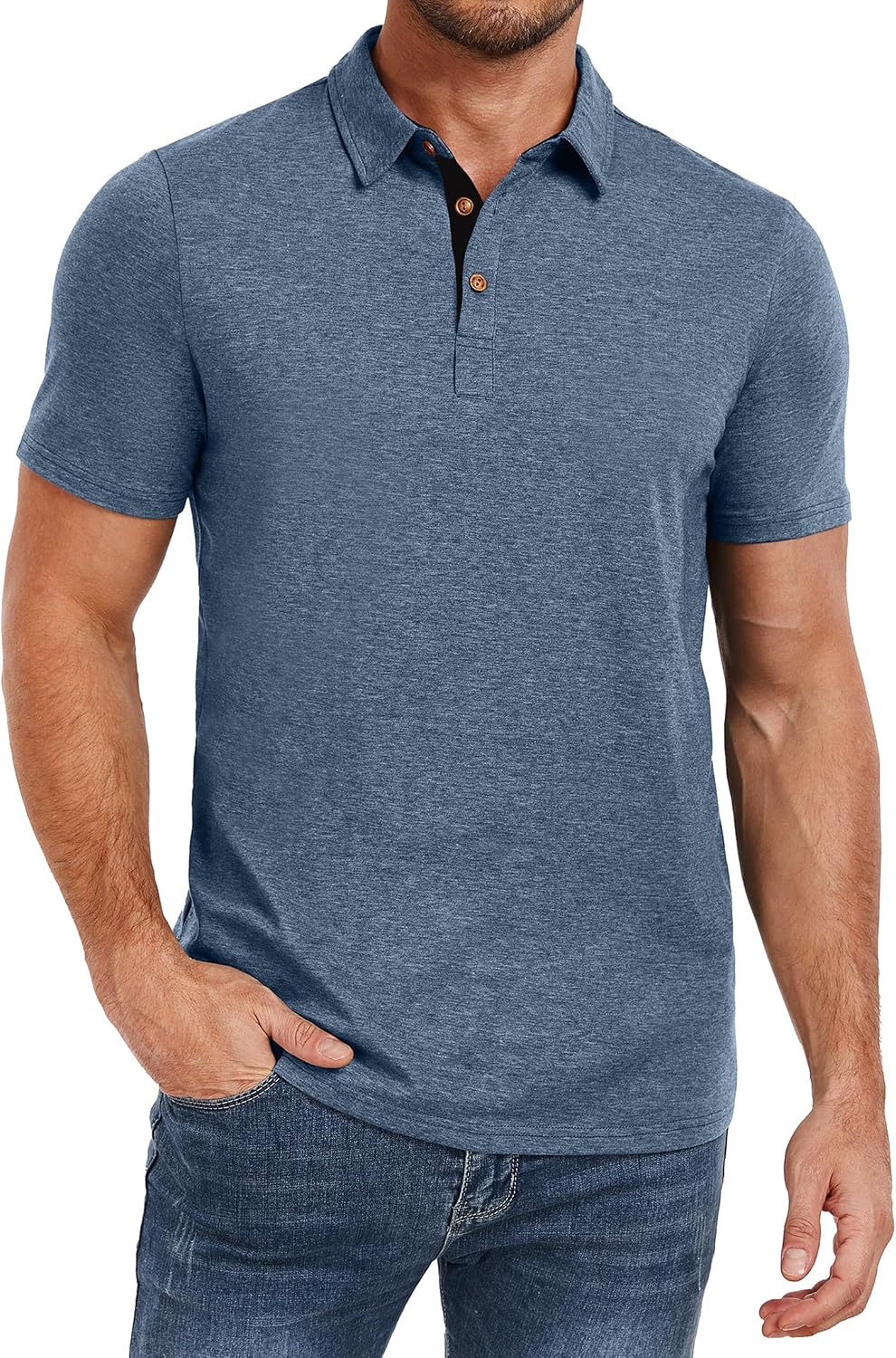Men's Heather Blue Short Sleeve Polo Shirt, Cotton Blend - Image 8