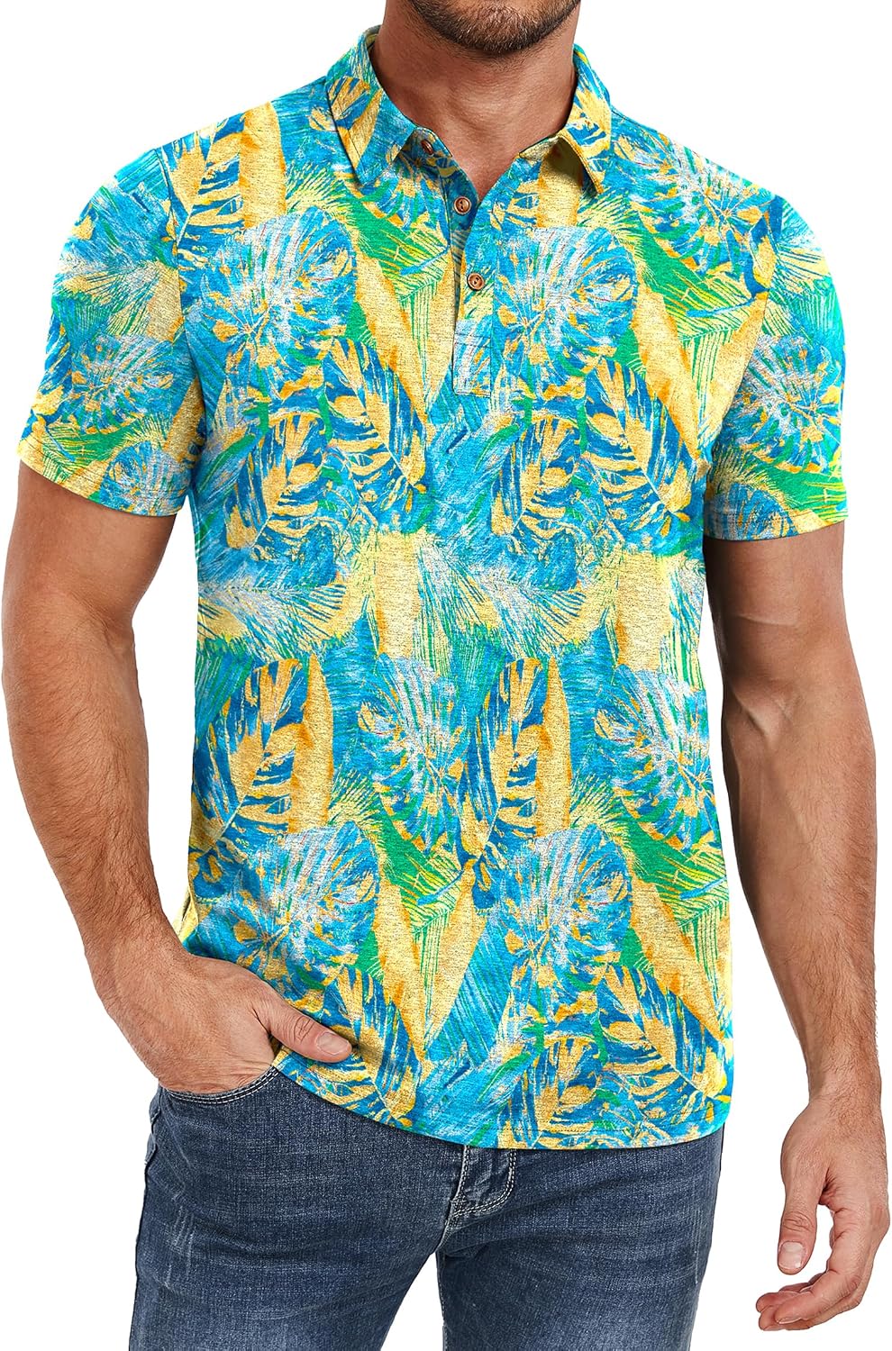 Men's Heather Blue Short Sleeve Polo Shirt, Cotton Blend - Image 12