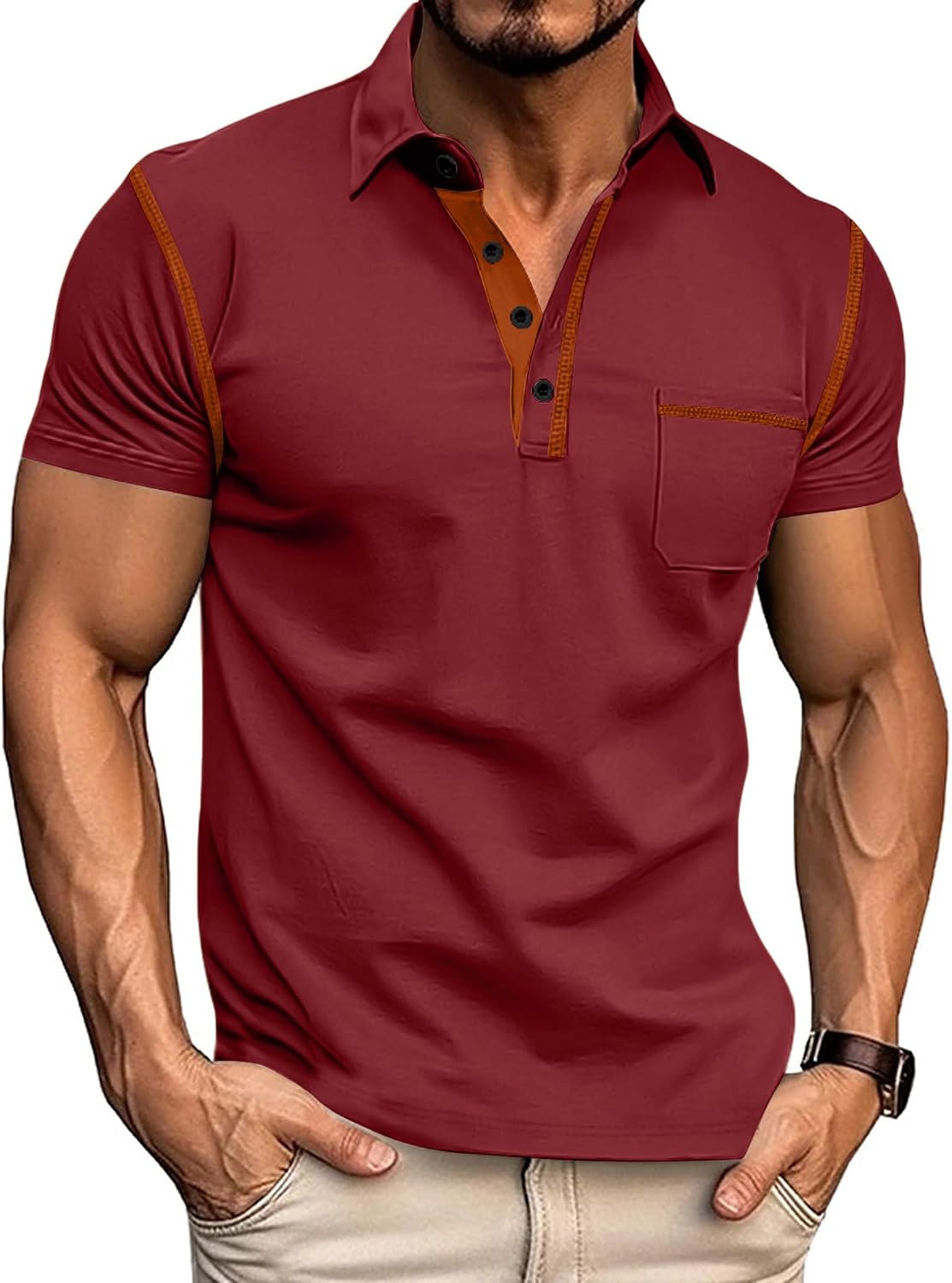 Men's Collared Short Sleeve Top with Chest Pocket - Image 12