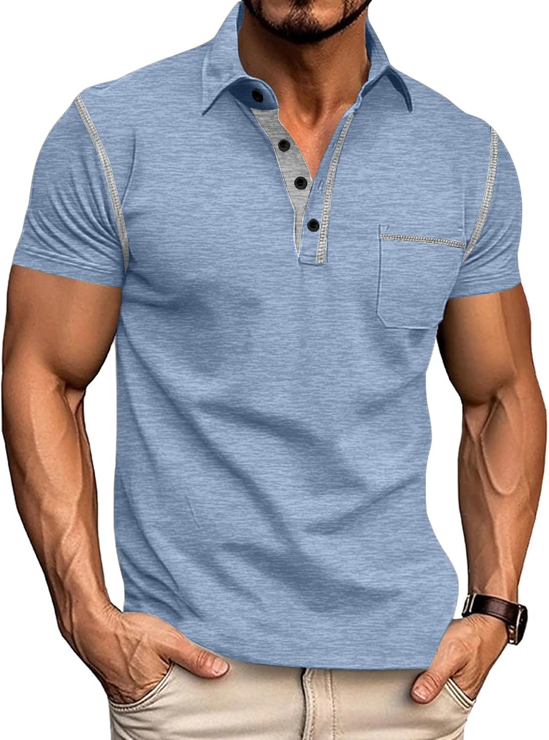 Men's Collared Short Sleeve Top with Chest Pocket - Image 10
