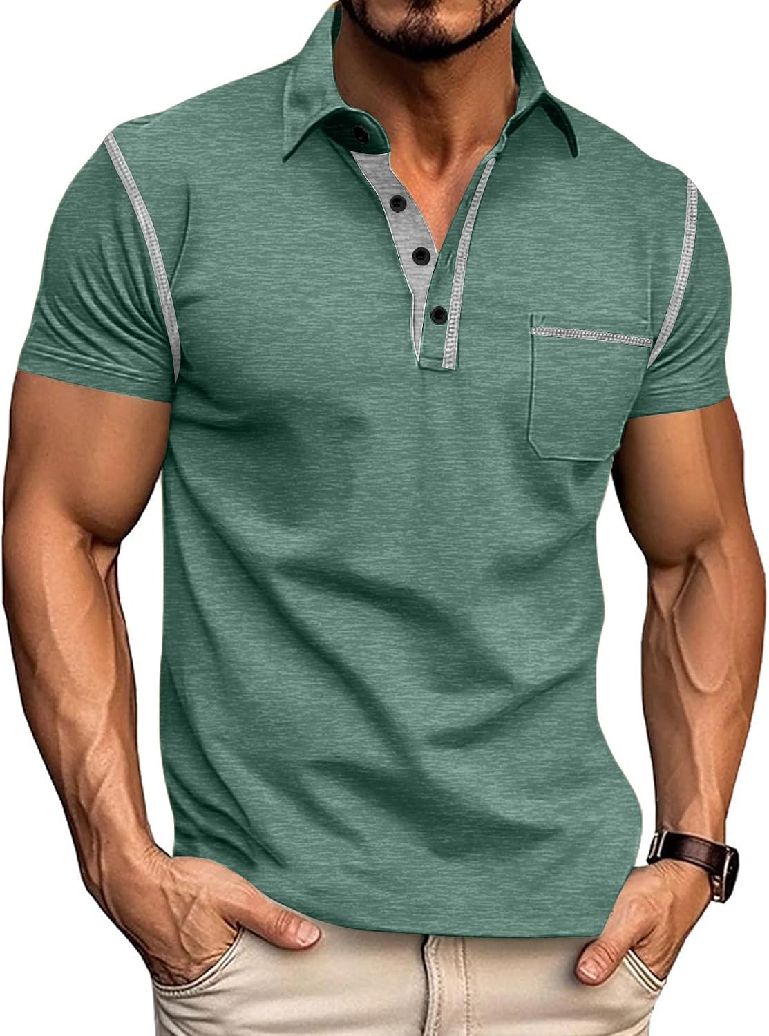 Men's Collared Short Sleeve Top with Chest Pocket - Image 9