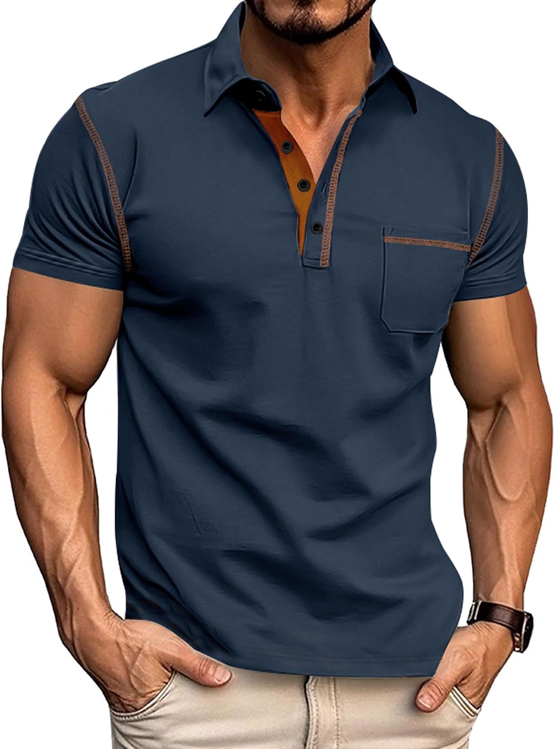 Men's Collared Short Sleeve Top with Chest Pocket