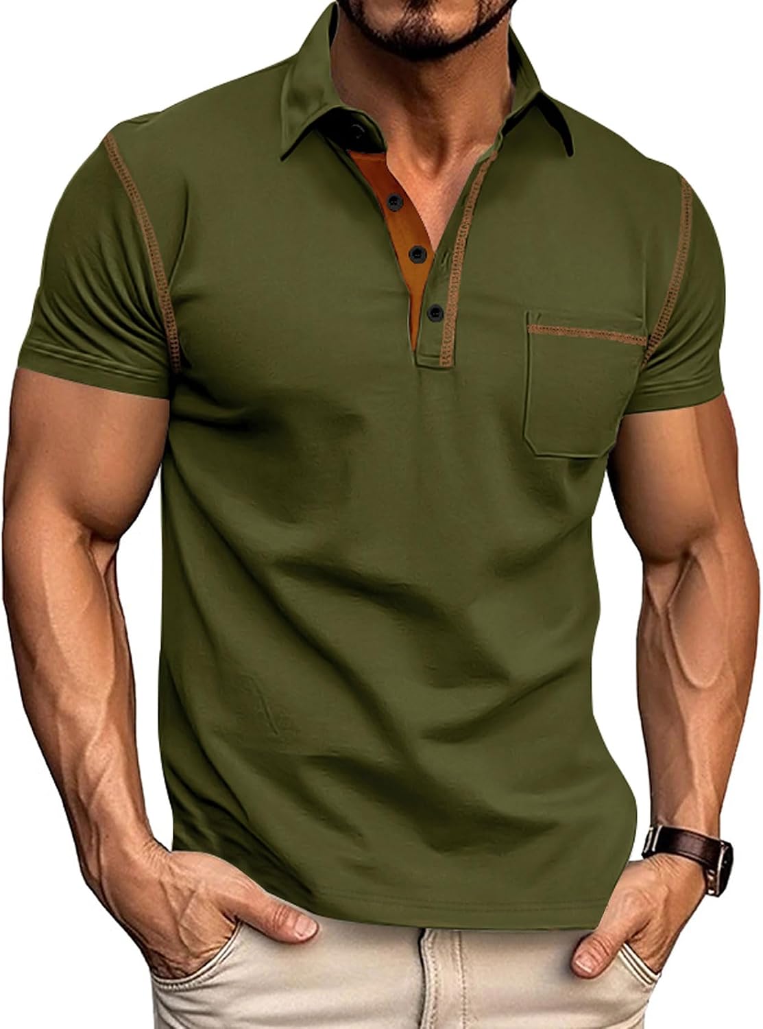 Men's Collared Short Sleeve Top with Chest Pocket - Image 8