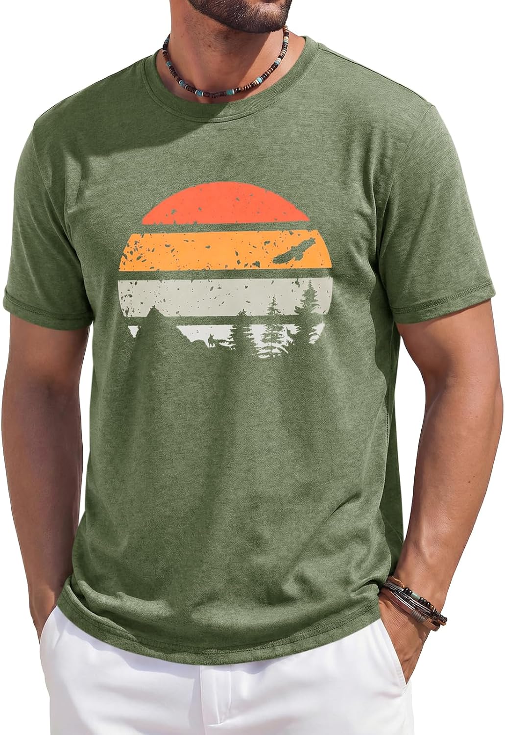 Men's Green Crew Neck T-Shirt with Mountain Sunset Print