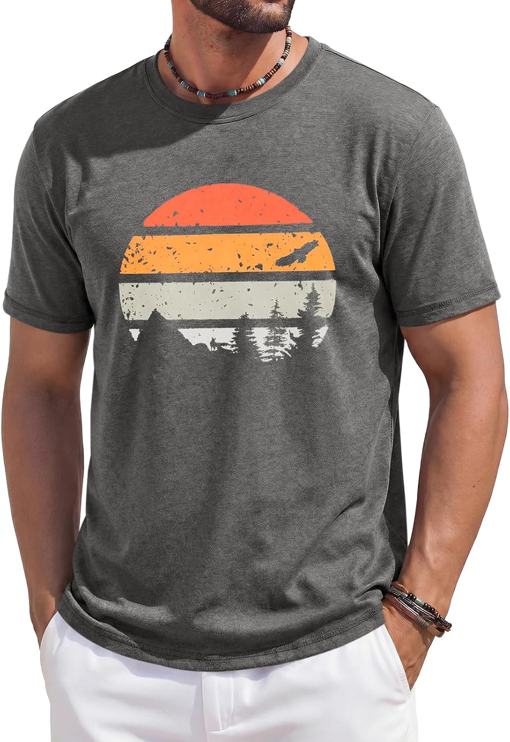 Men's Green Crew Neck T-Shirt with Mountain Sunset Print - Image 10