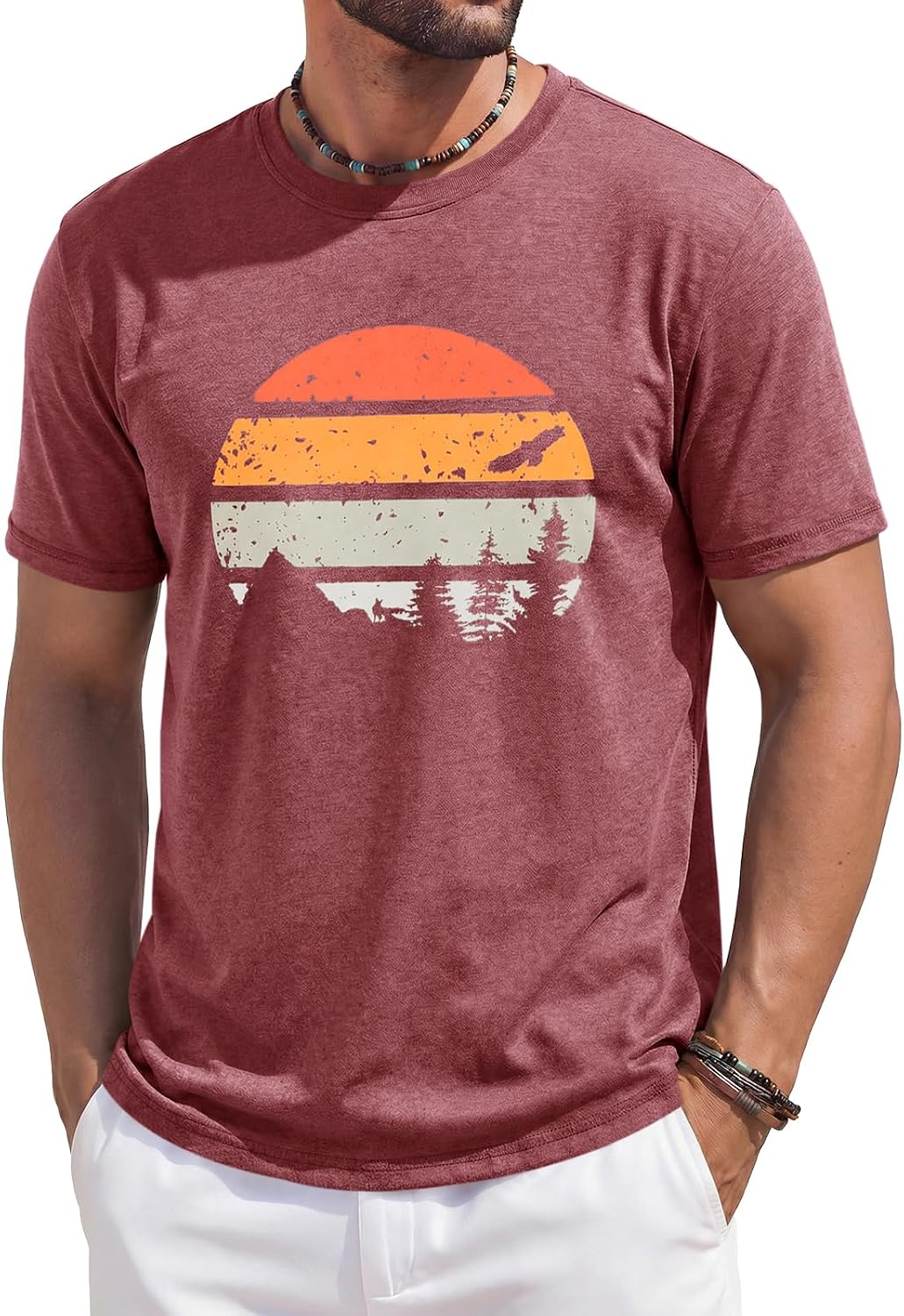 Men's Green Crew Neck T-Shirt with Mountain Sunset Print - Image 7