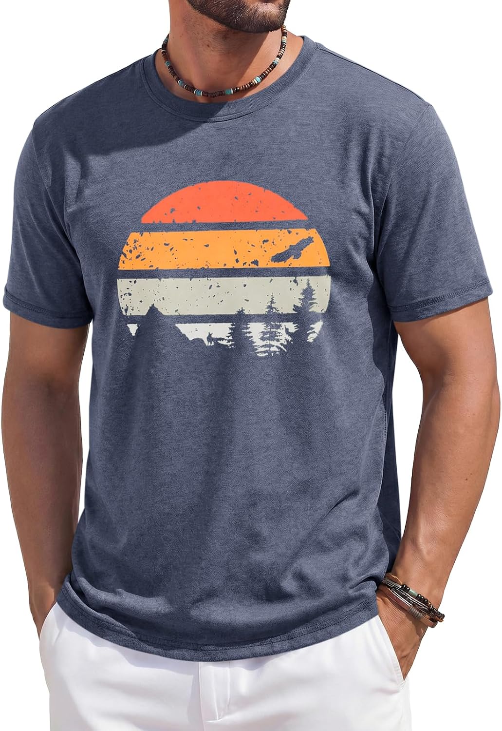 Men's Green Crew Neck T-Shirt with Mountain Sunset Print - Image 9