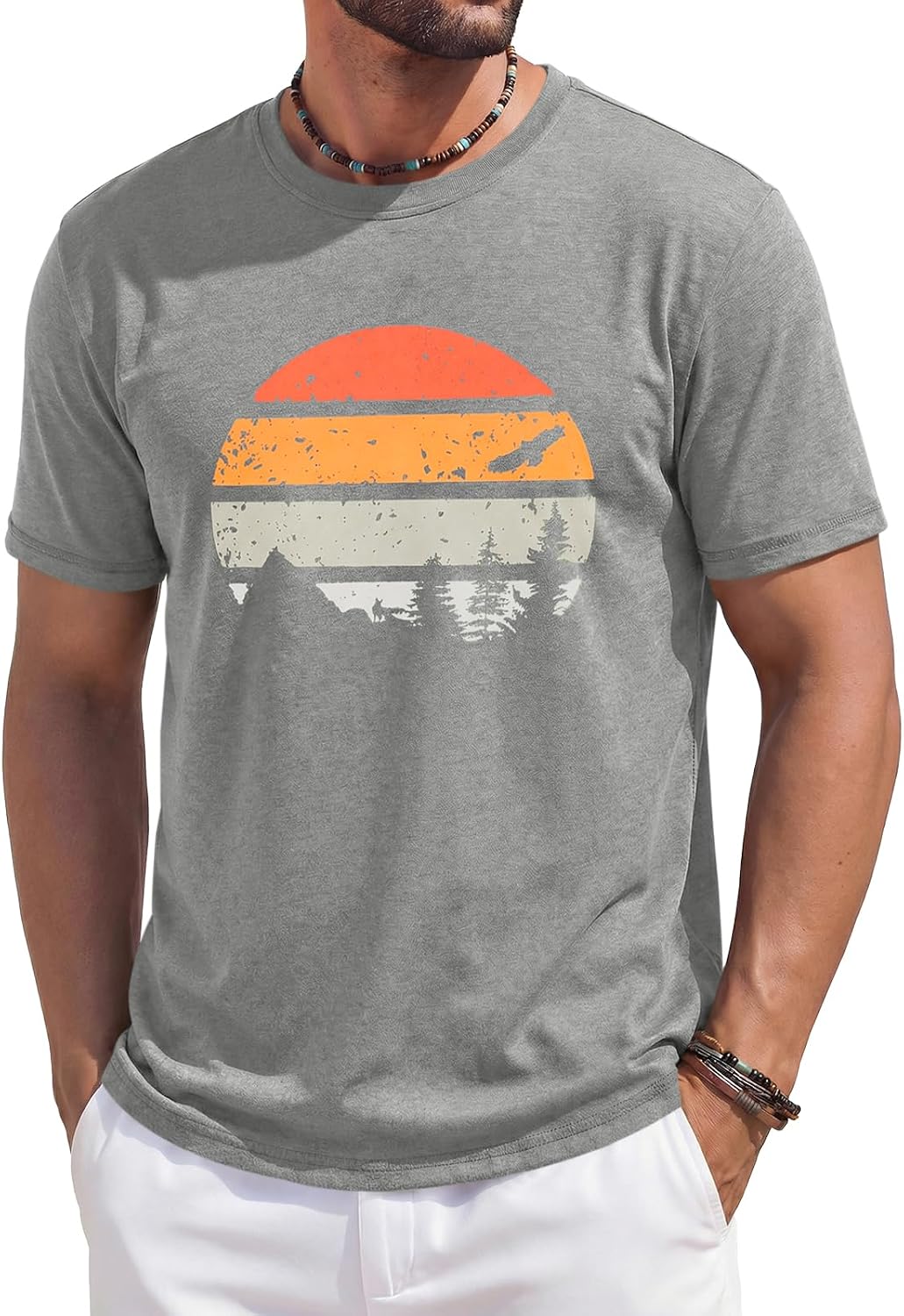 Men's Green Crew Neck T-Shirt with Mountain Sunset Print - Image 8