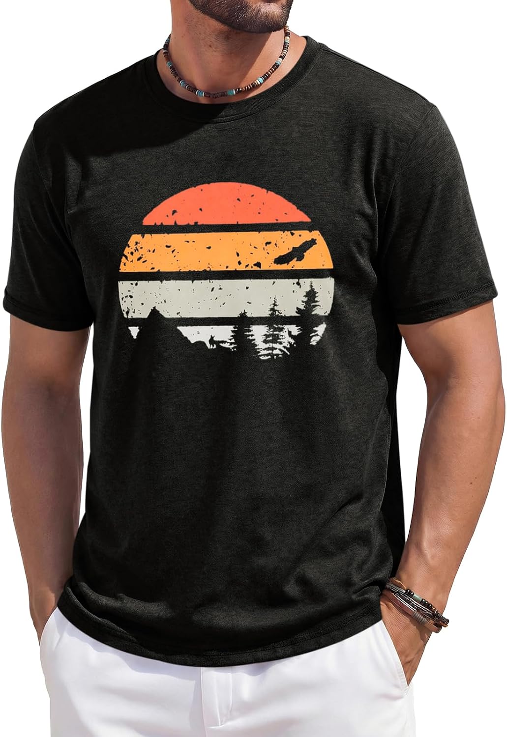 Men's Green Crew Neck T-Shirt with Mountain Sunset Print - Image 11