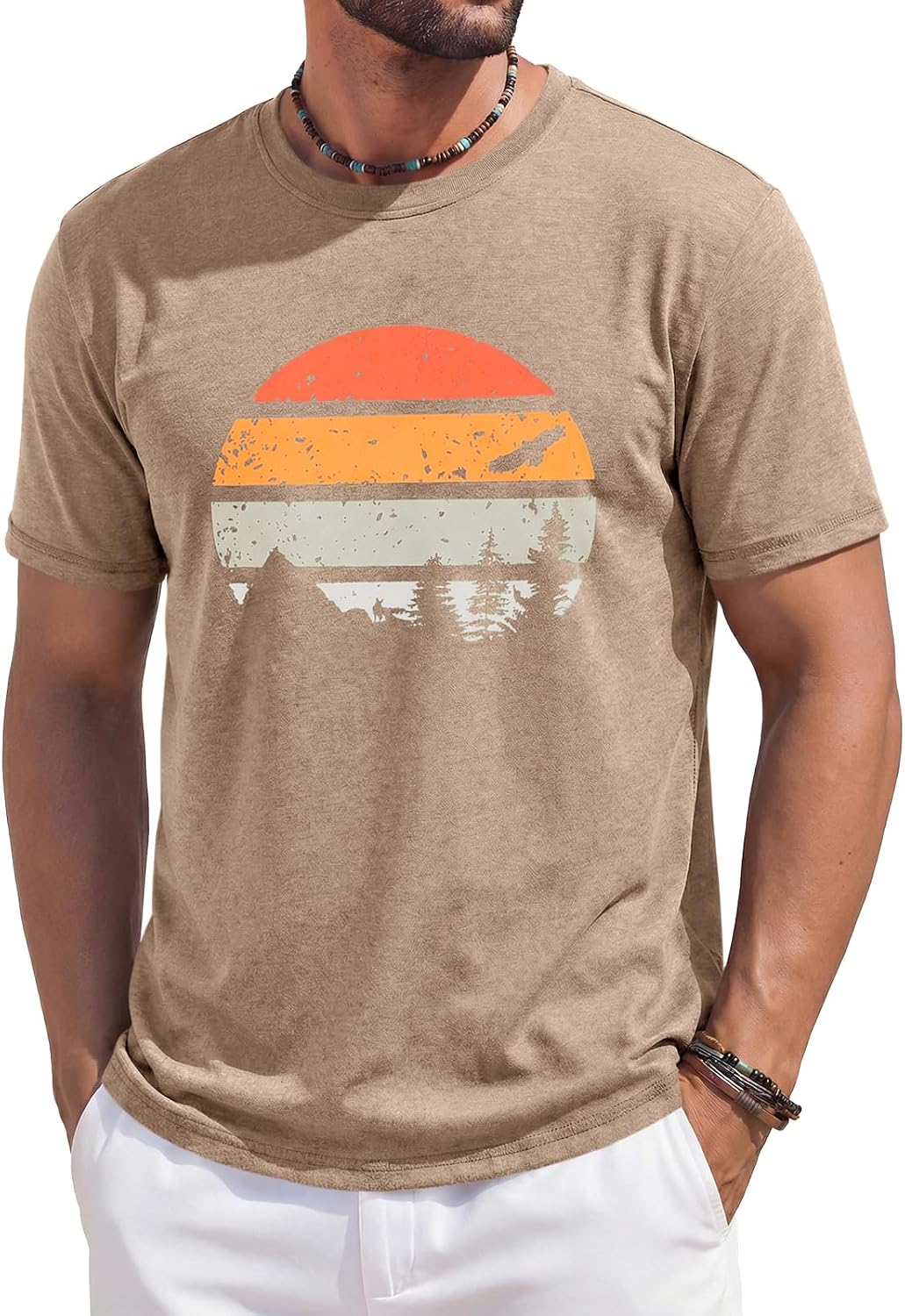 Men's Green Crew Neck T-Shirt with Mountain Sunset Print - Image 12
