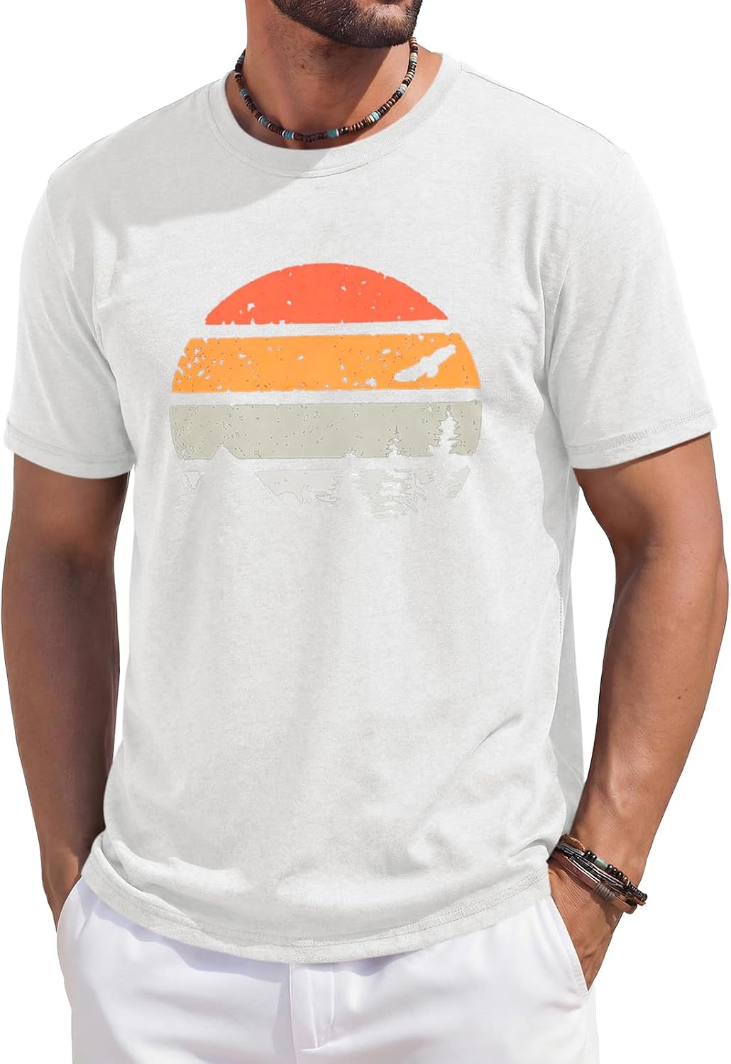 Men's Green Crew Neck T-Shirt with Mountain Sunset Print - Image 13