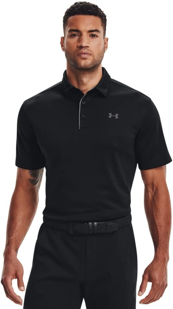 Men's Solid Black Short Sleeve Polo Shirt, Polyester Fabric